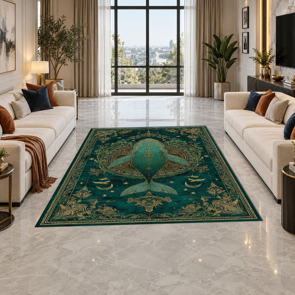 Teal Whale Celestial Medallion printed area rug
