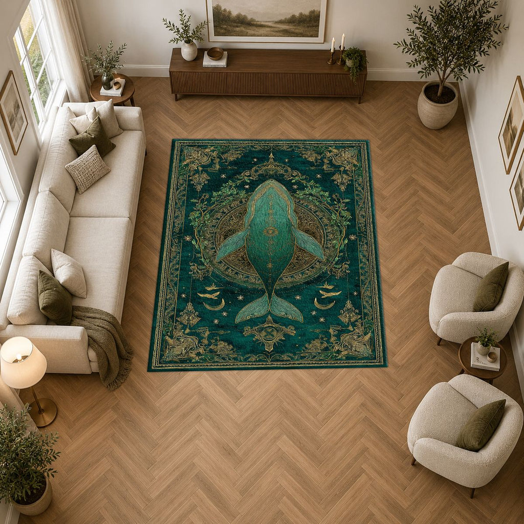 Teal Whale Celestial Medallion printed area rug