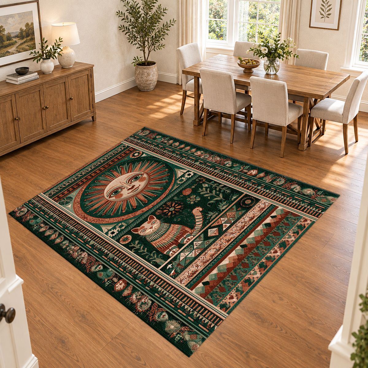 Folk Sun Face and Cat printed area rug