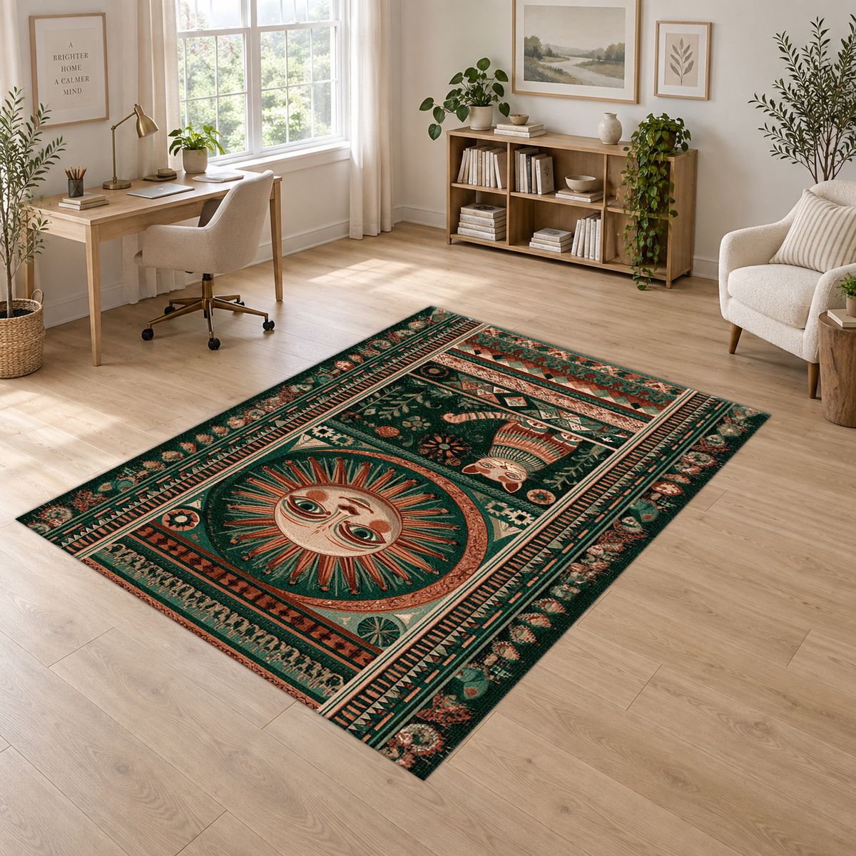 Folk Sun Face and Cat printed area rug