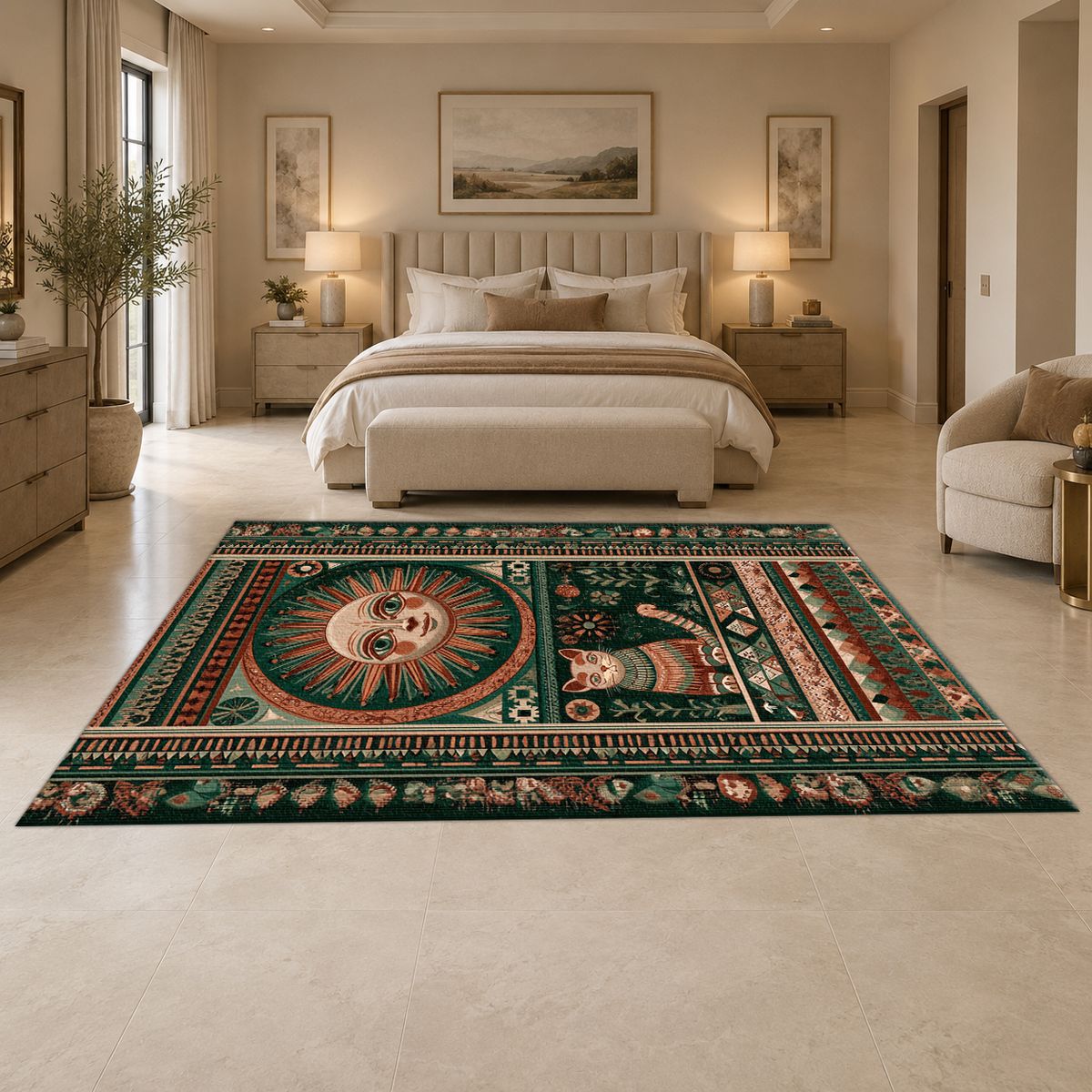 Folk Sun Face and Cat printed area rug