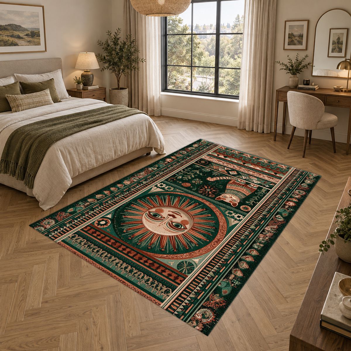 Folk Sun Face and Cat printed area rug