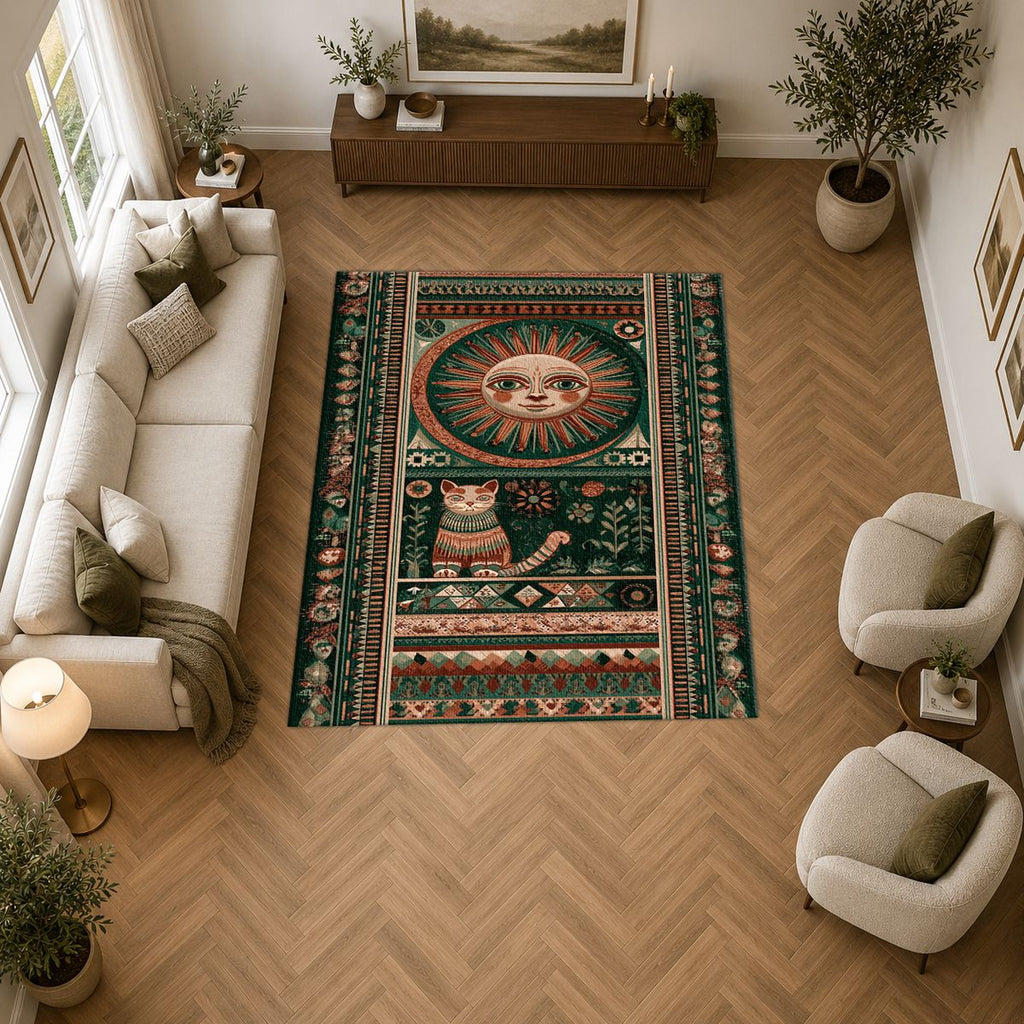 Folk Sun Face and Cat printed area rug