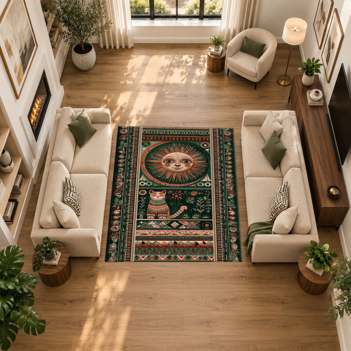 Folk Sun Face and Cat printed area rug