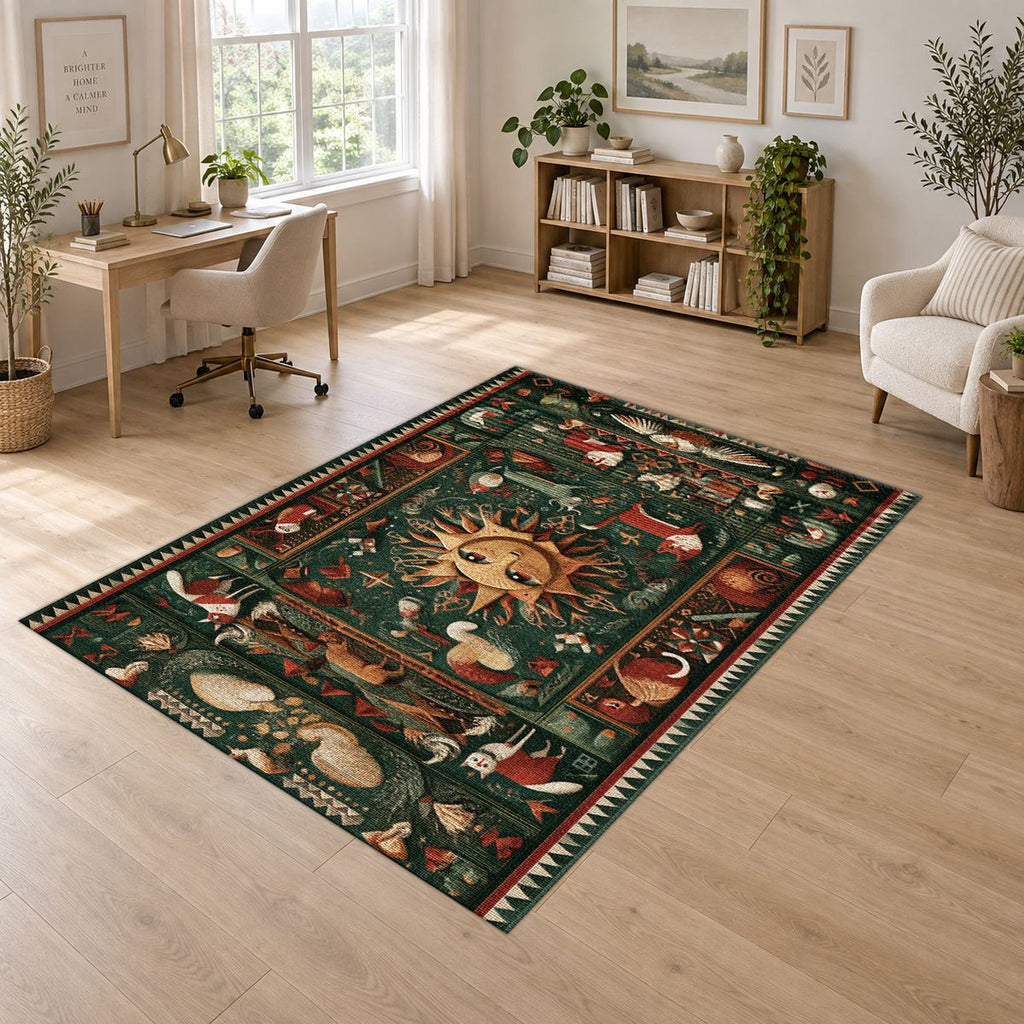 Celestial Sun Folk Art printed area rug