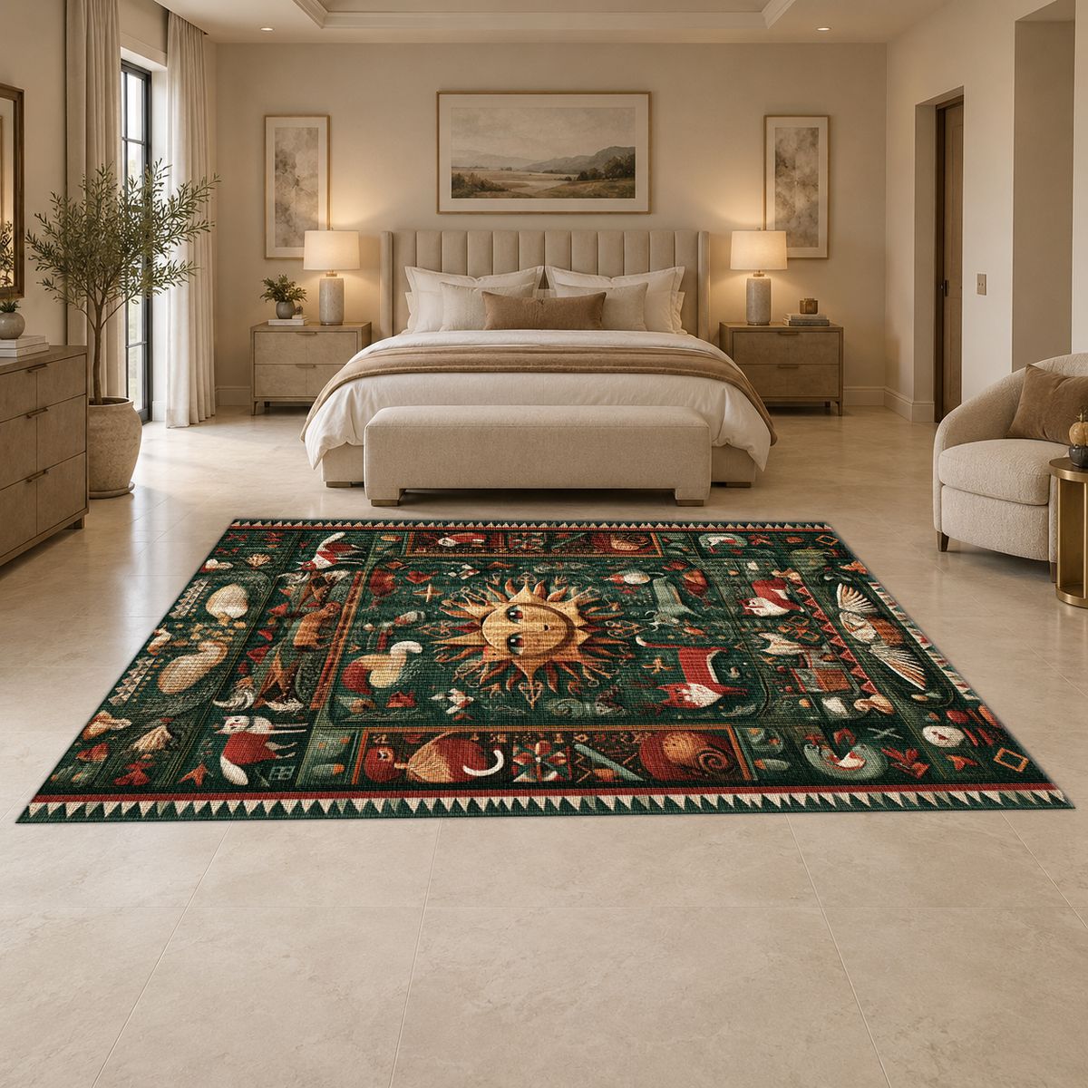 Celestial Sun Folk Art printed area rug