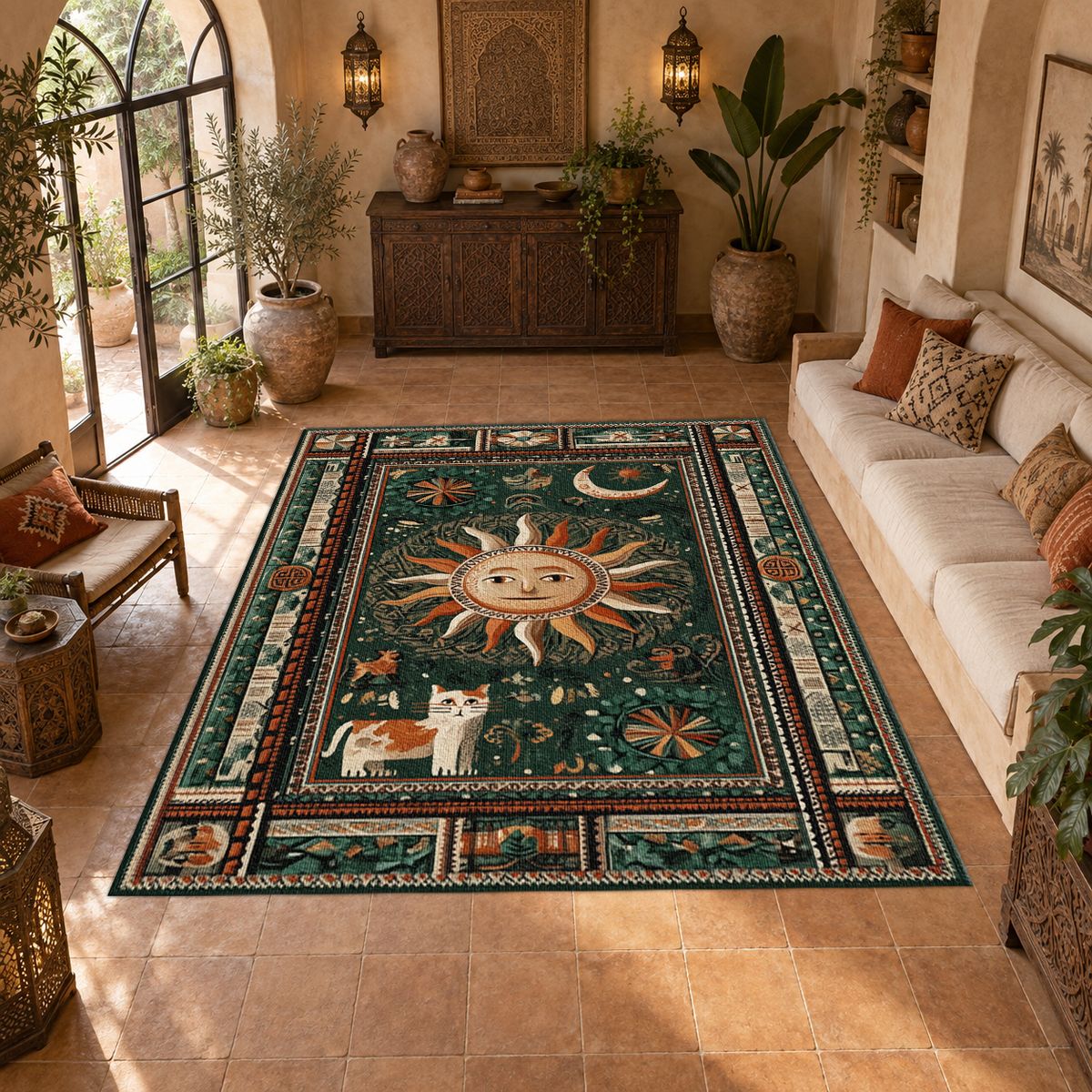Mystic Sun and Moon Folk printed area rug