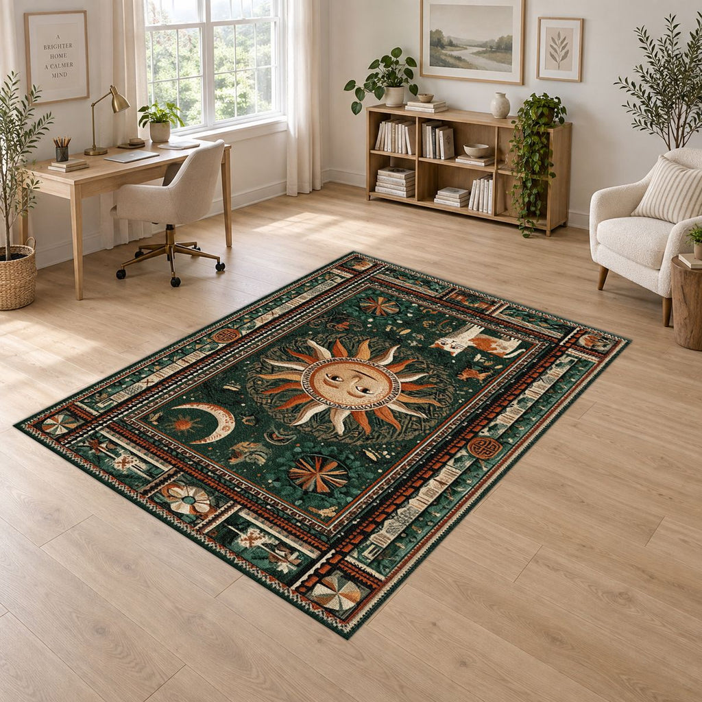 Mystic Sun and Moon Folk printed area rug