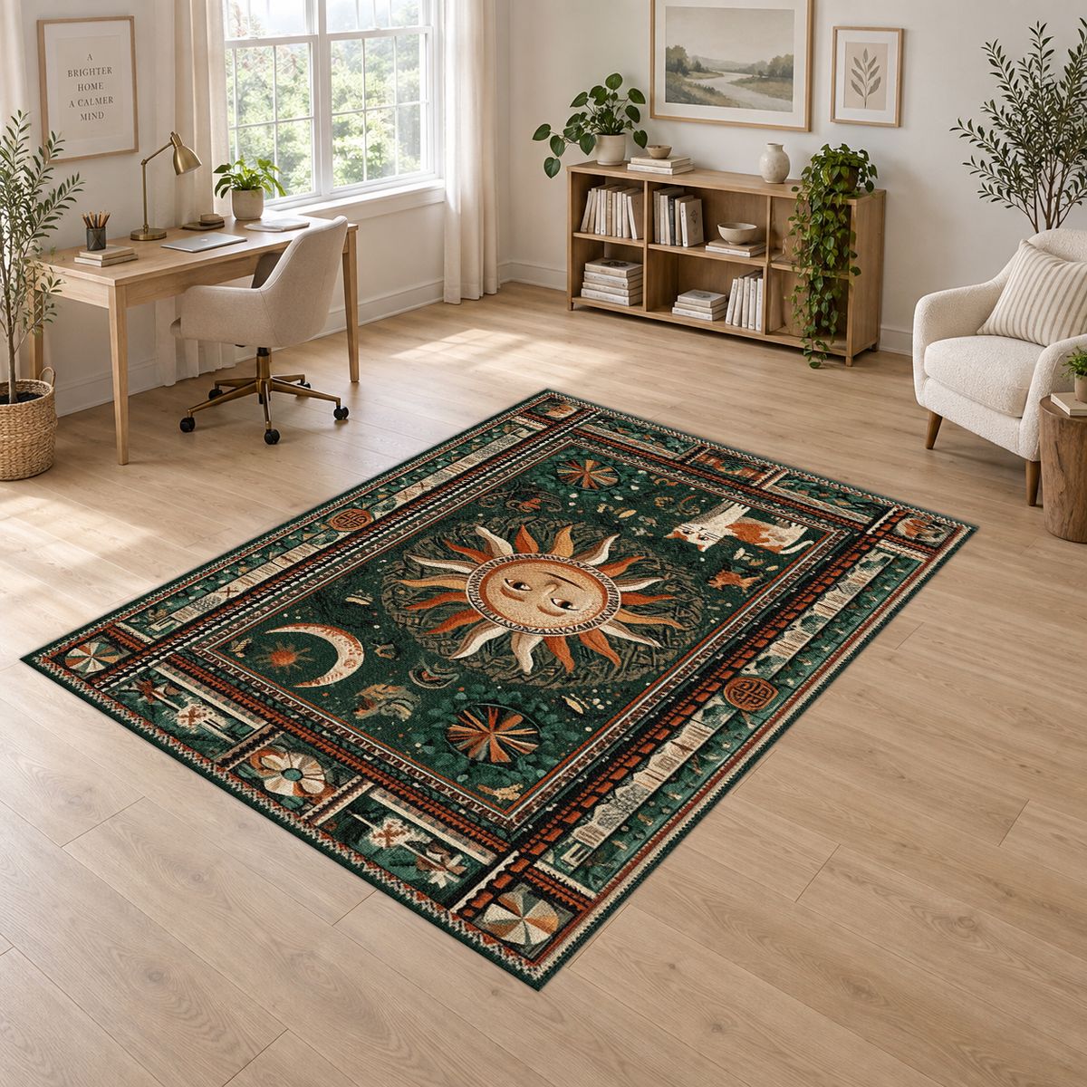 Mystic Sun and Moon Folk printed area rug