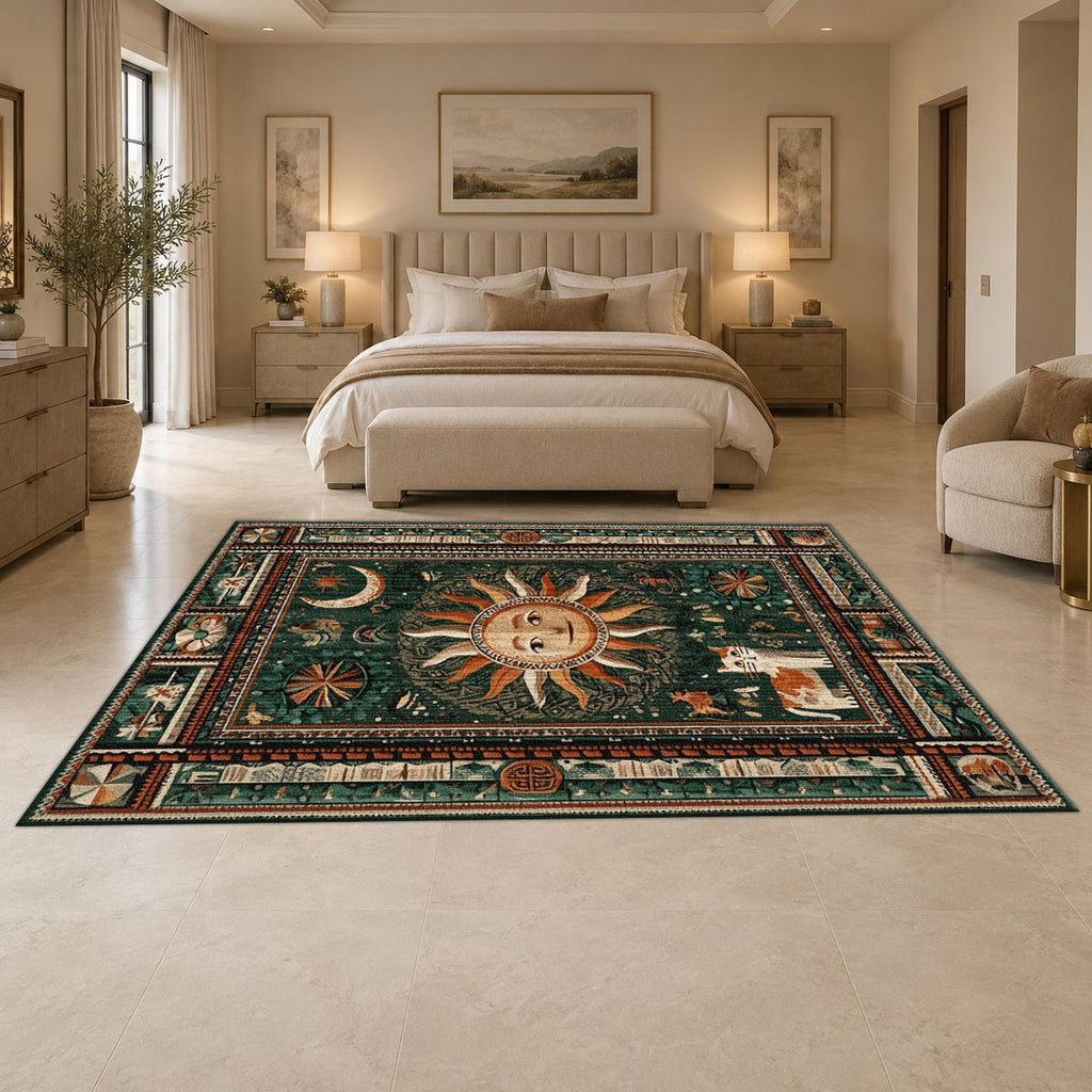 Mystic Sun and Moon Folk printed area rug