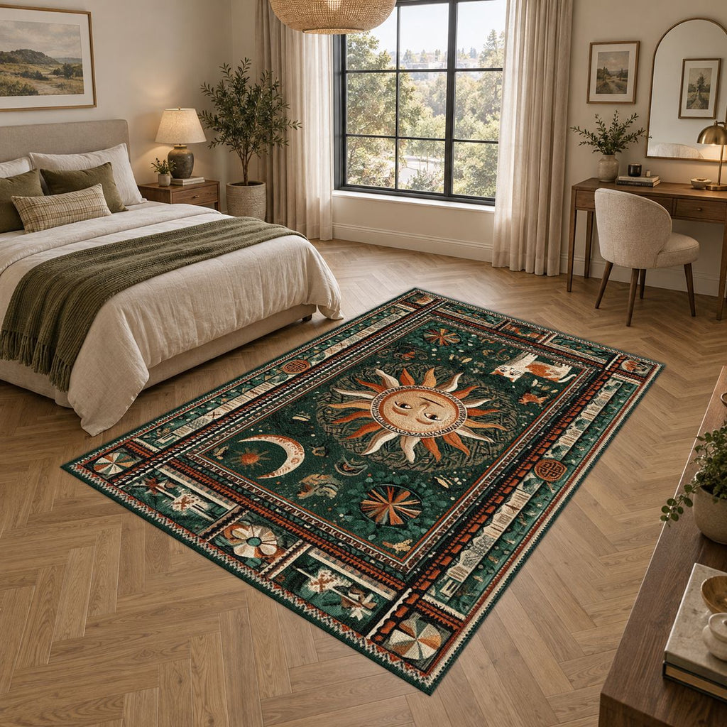 Mystic Sun and Moon Folk printed area rug
