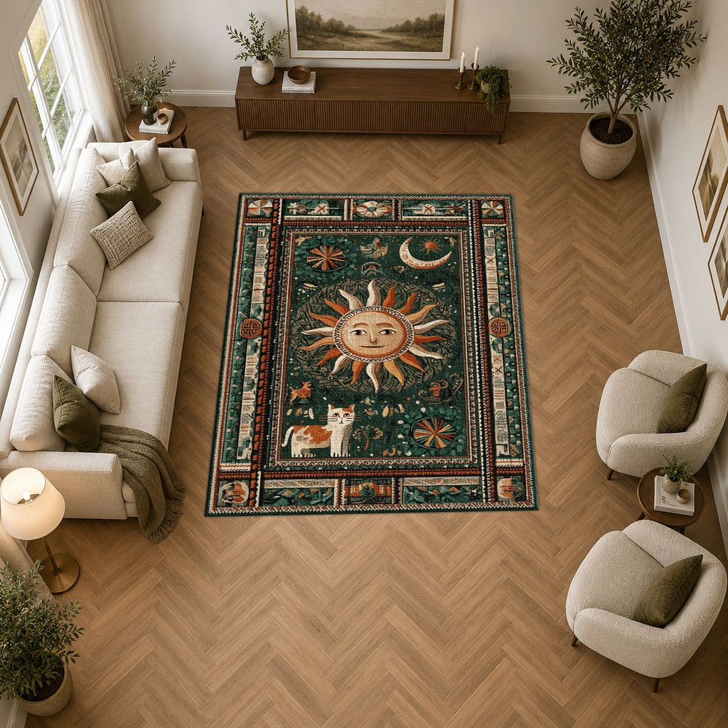 Mystic Sun and Moon Folk printed area rug