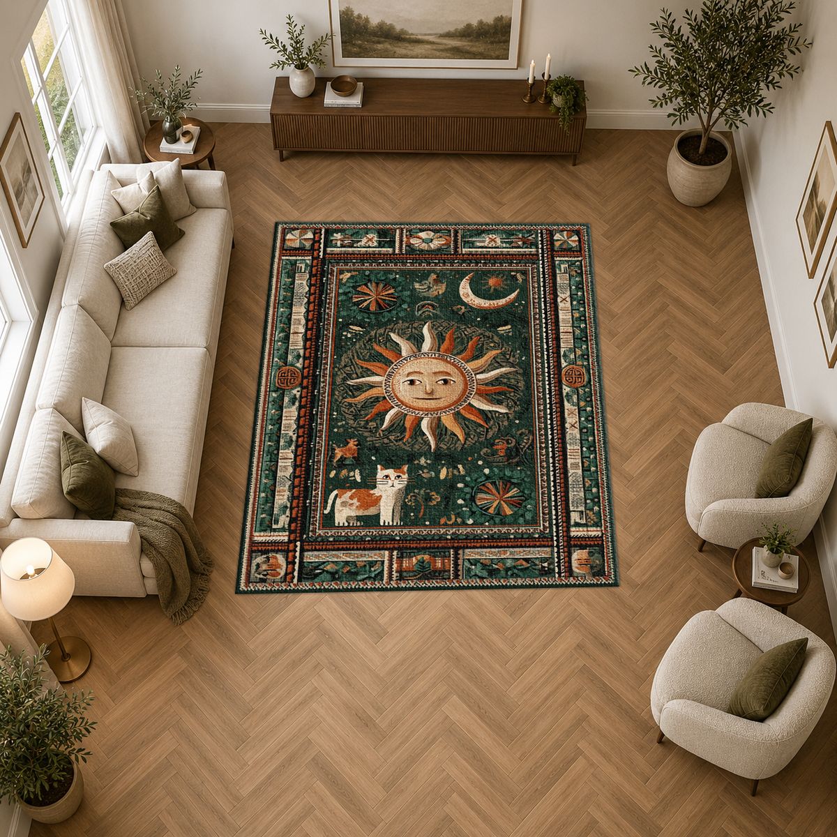 Mystic Sun and Moon Folk printed area rug