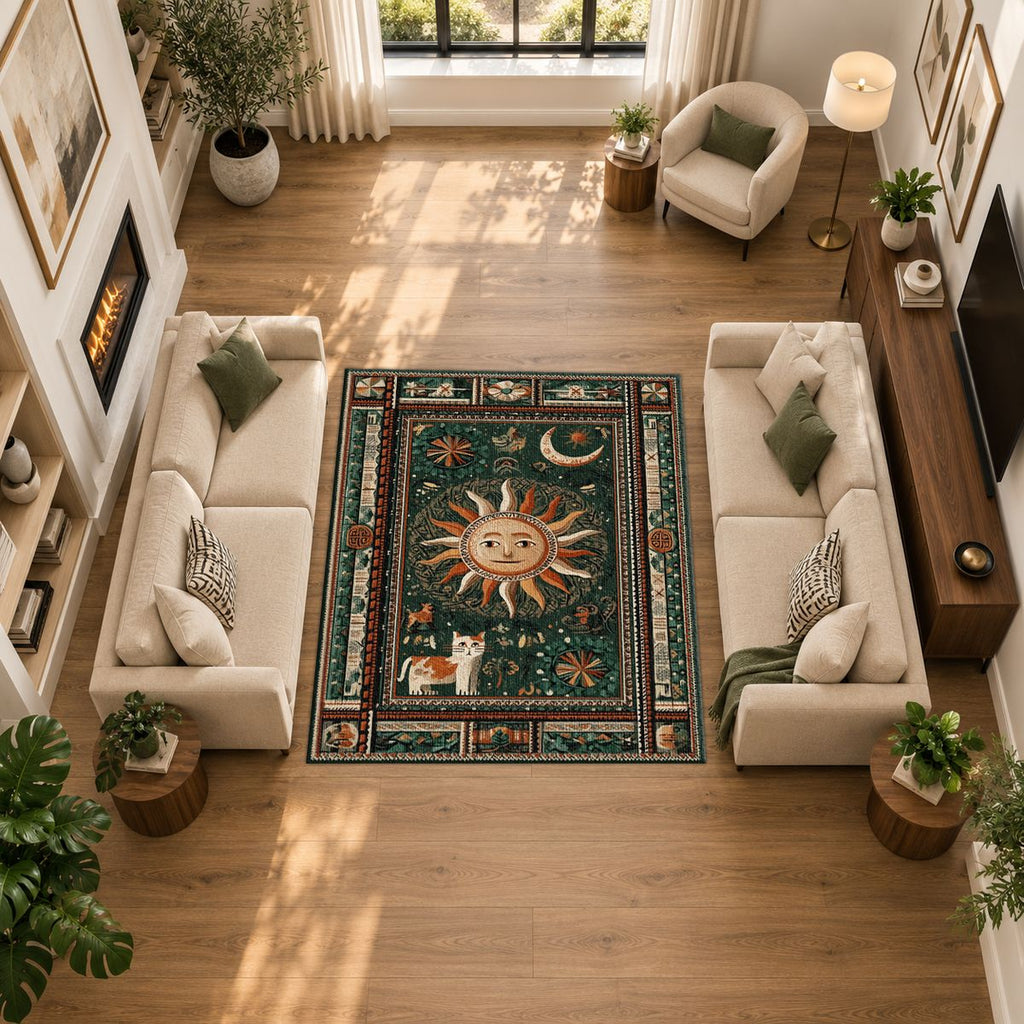 Mystic Sun and Moon Folk printed area rug