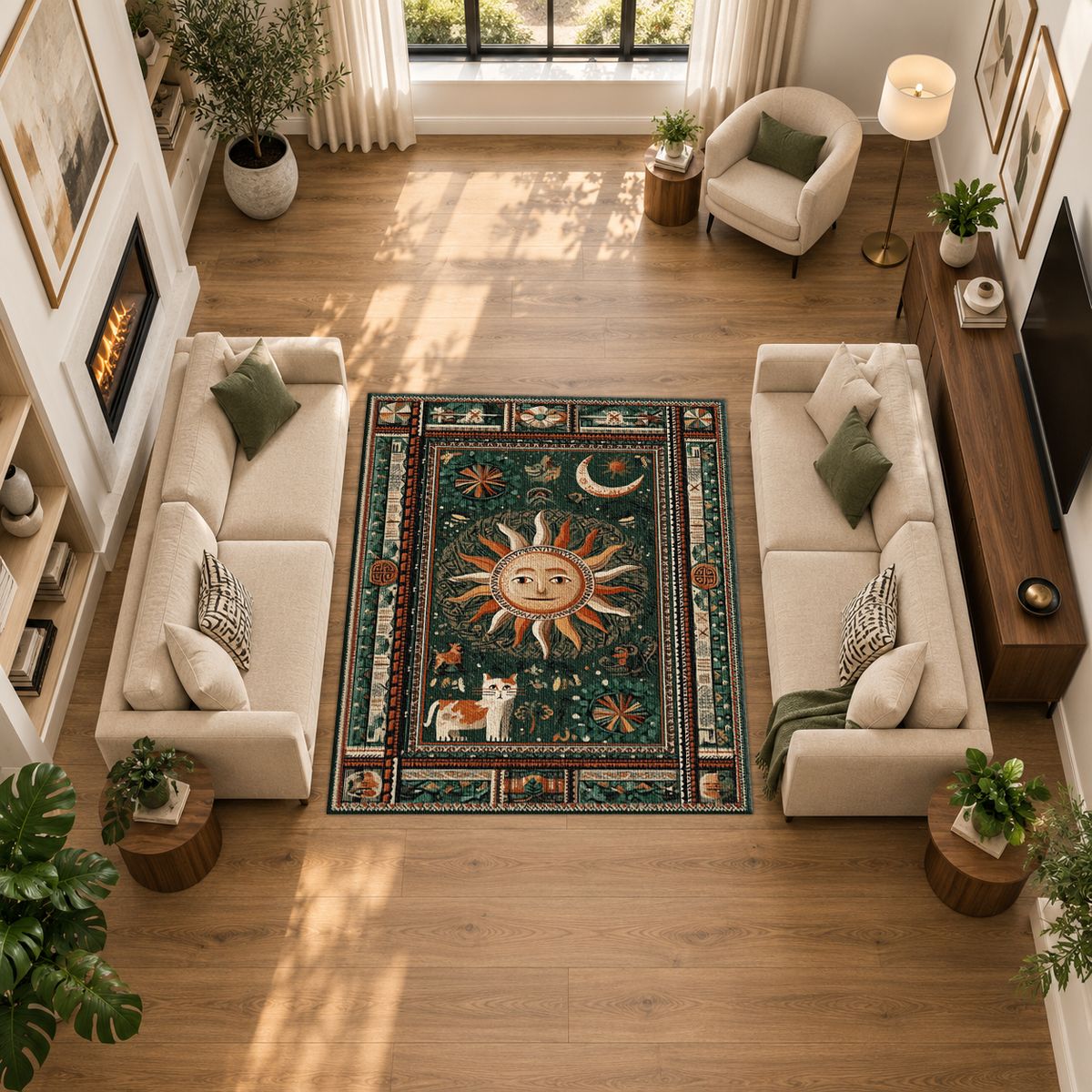Mystic Sun and Moon Folk printed area rug