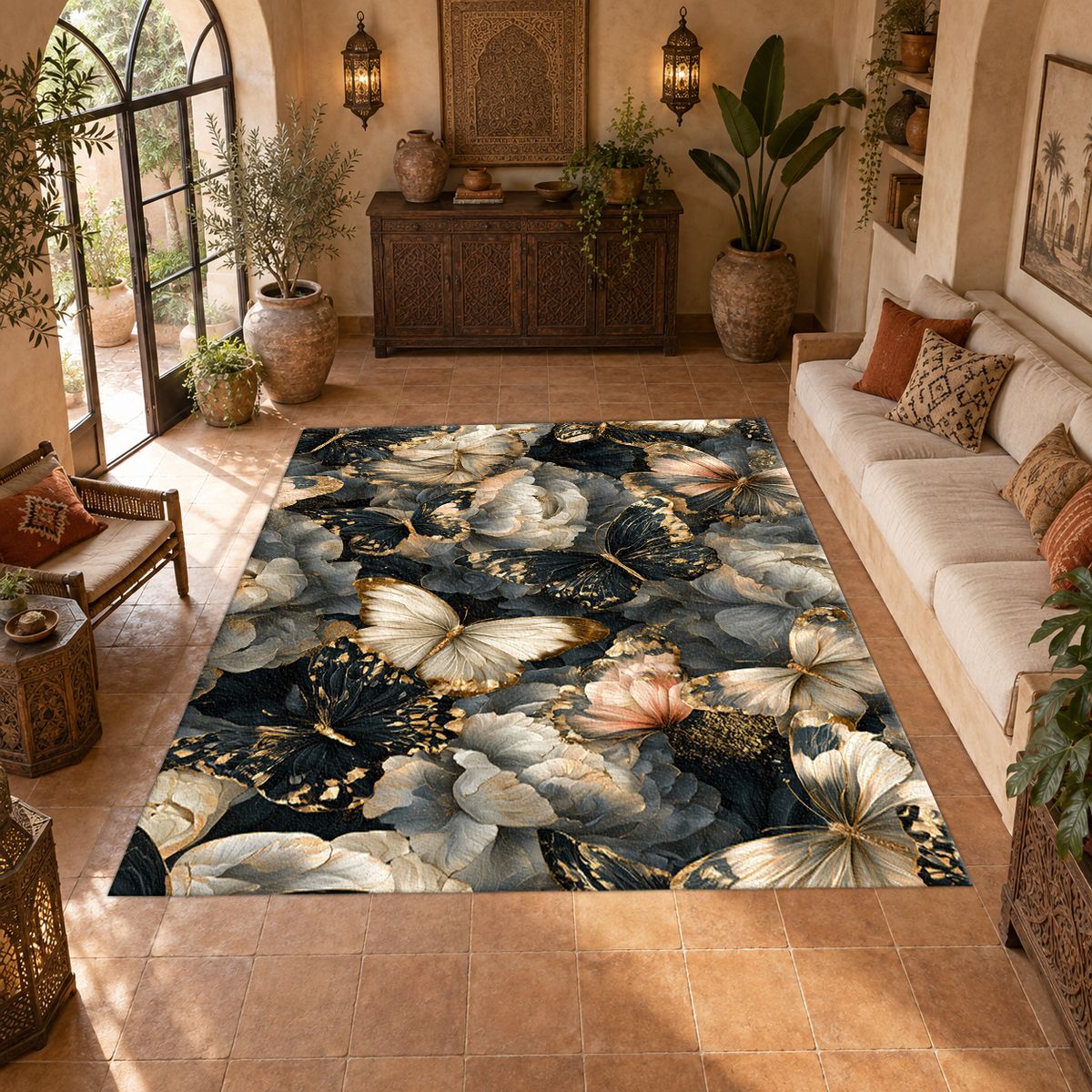 Butterflies and Dark Peonies printed area rug