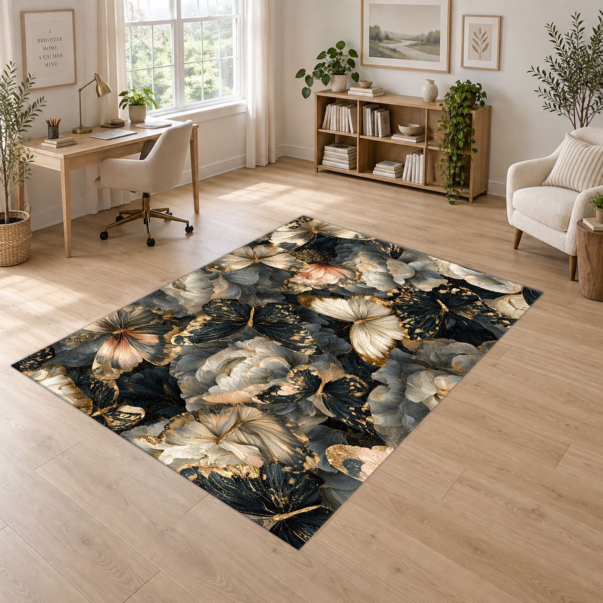 Butterflies and Dark Peonies printed area rug
