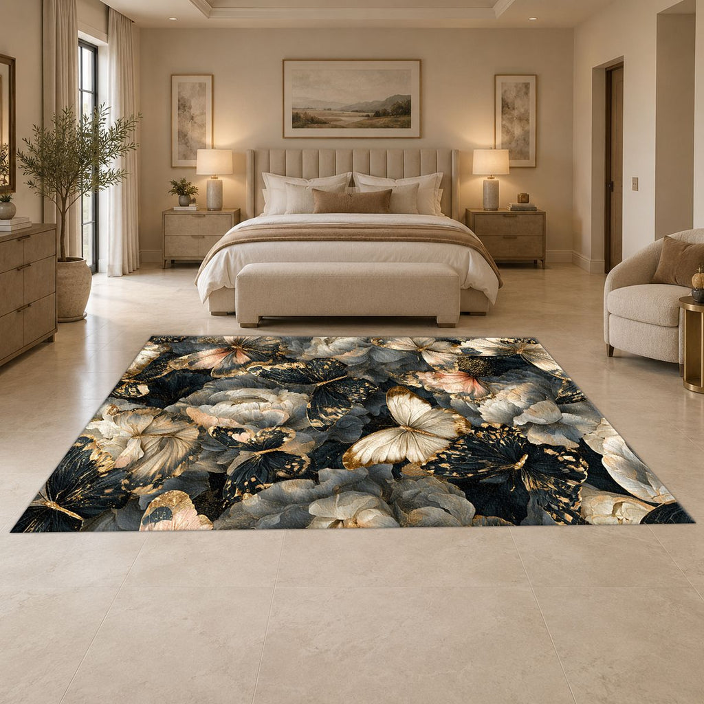 Butterflies and Dark Peonies printed area rug