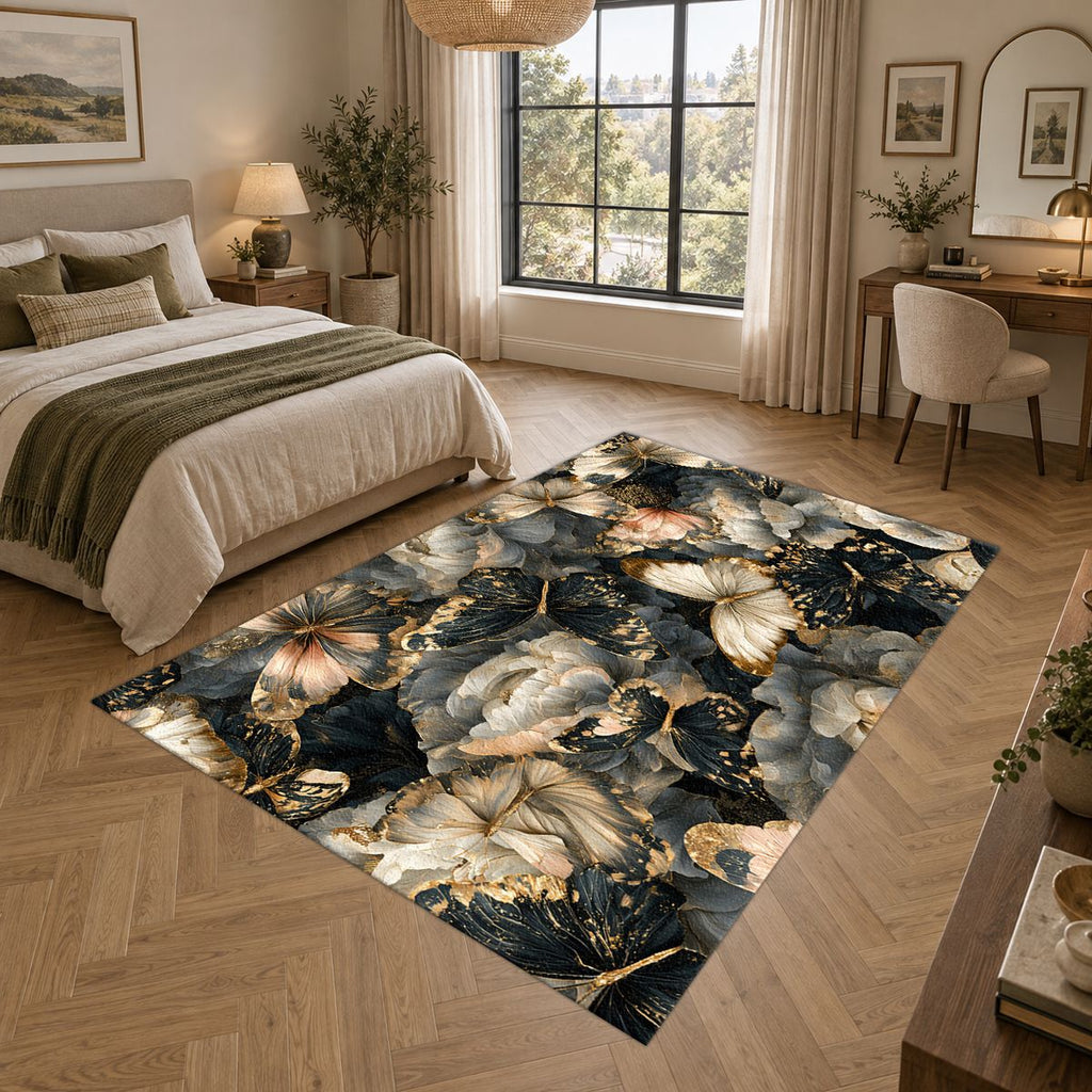 Butterflies and Dark Peonies printed area rug