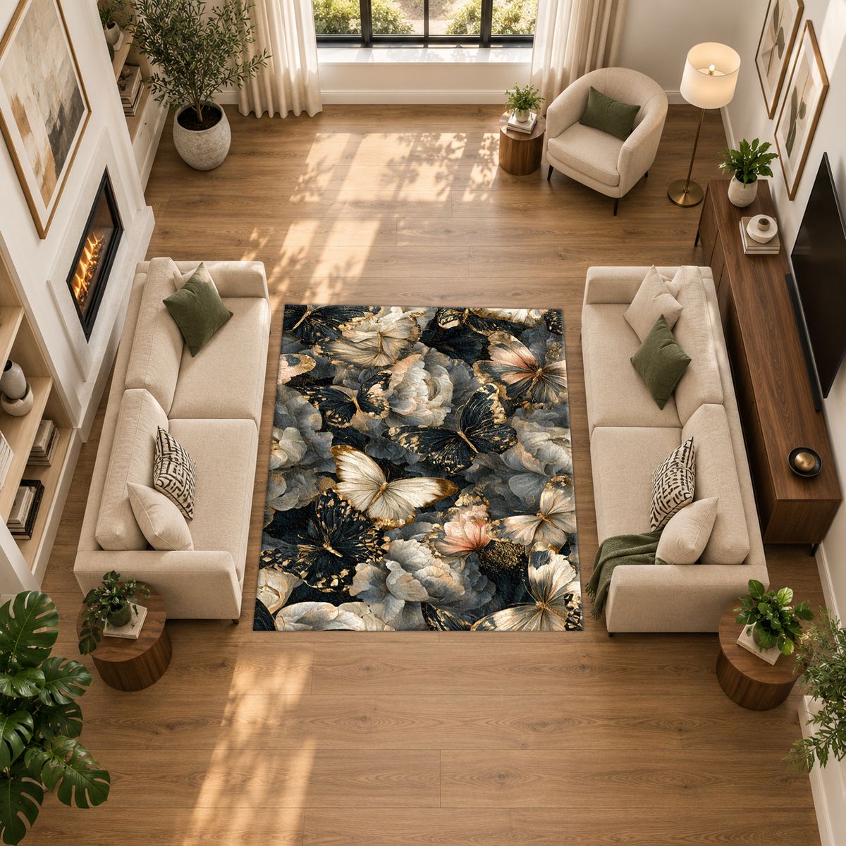 Butterflies and Dark Peonies printed area rug
