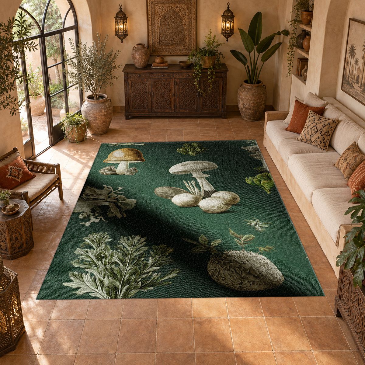 Forest Green Mushroom Botanical printed area rug