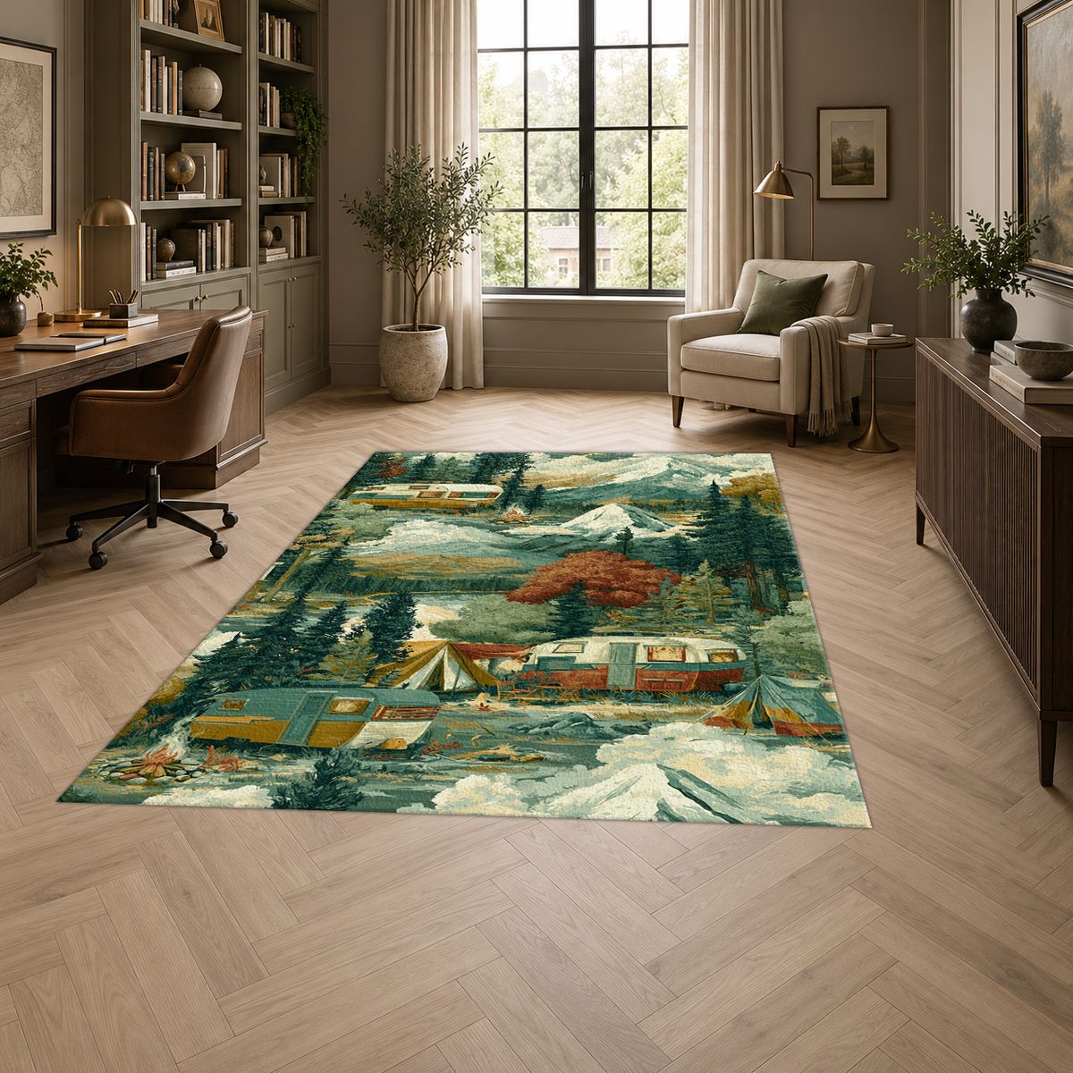 Camping Van Mountain Adventure printed area rug