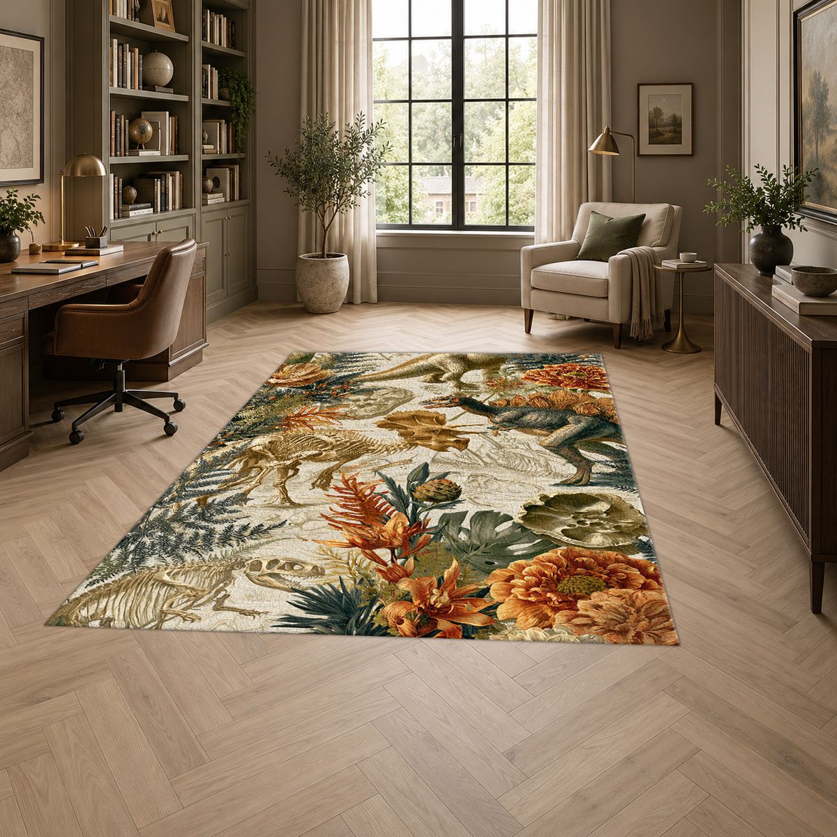 Dinosaur Fossil Botanical printed area rug