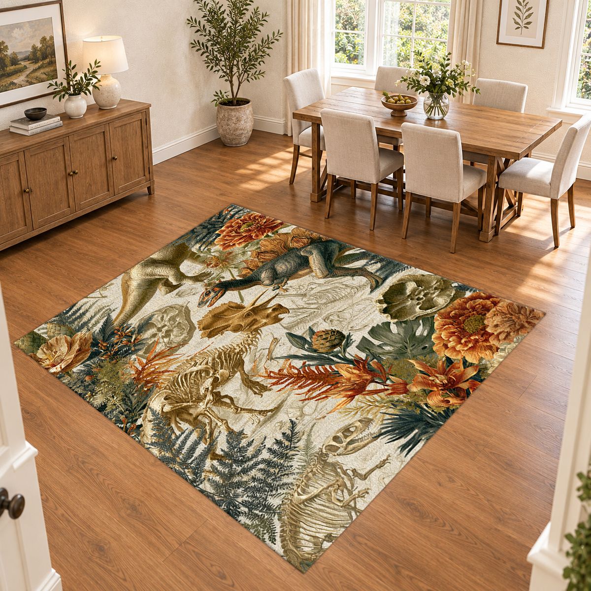 Dinosaur Fossil Botanical printed area rug
