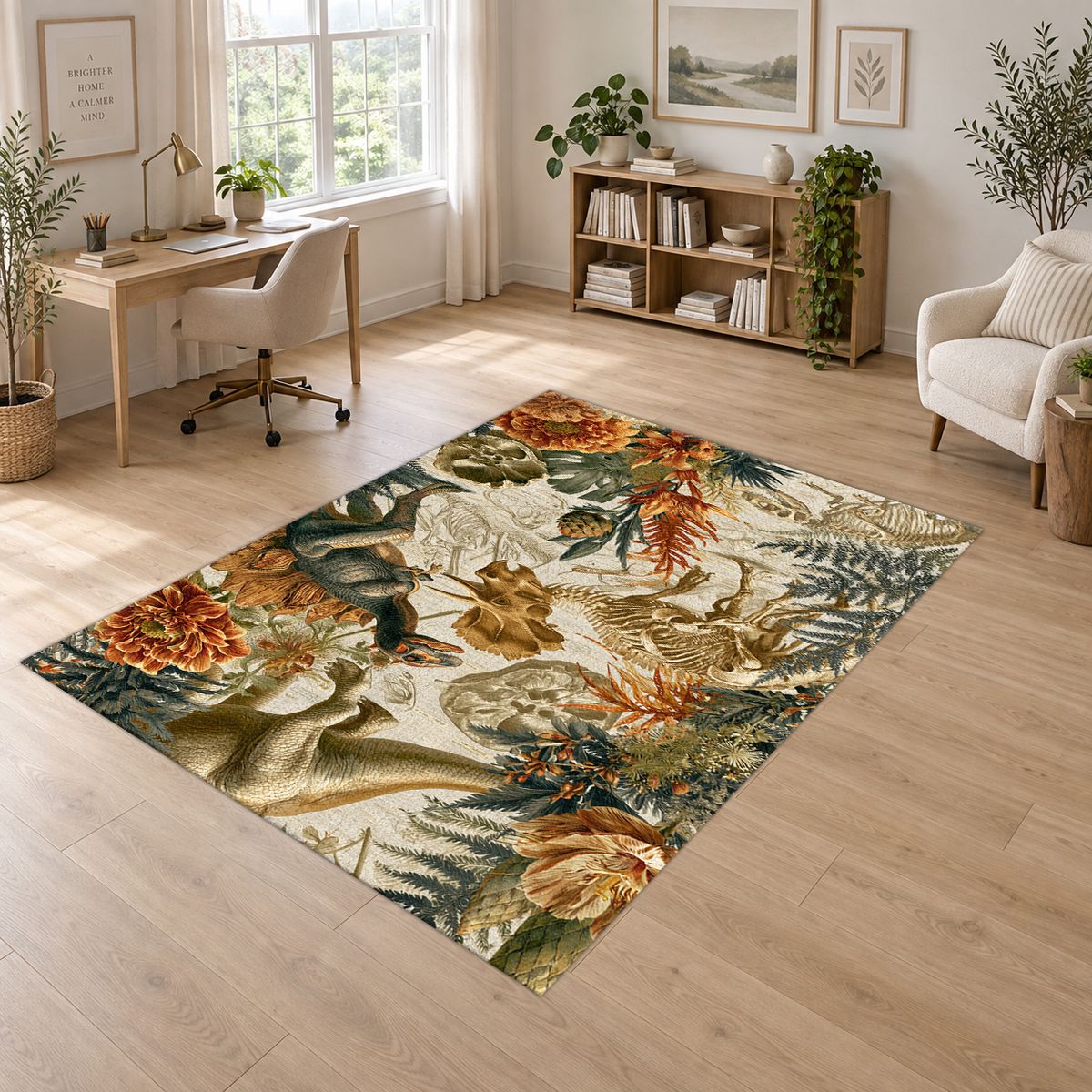 Dinosaur Fossil Botanical printed area rug