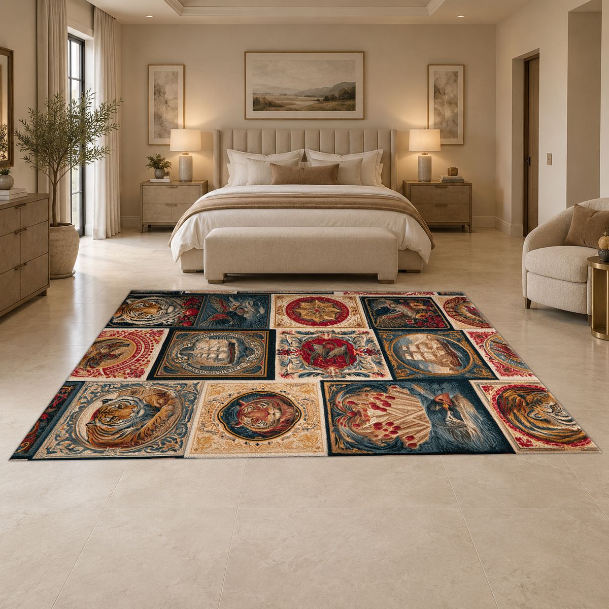 Vintage Ships and Postage Stamps printed area rug