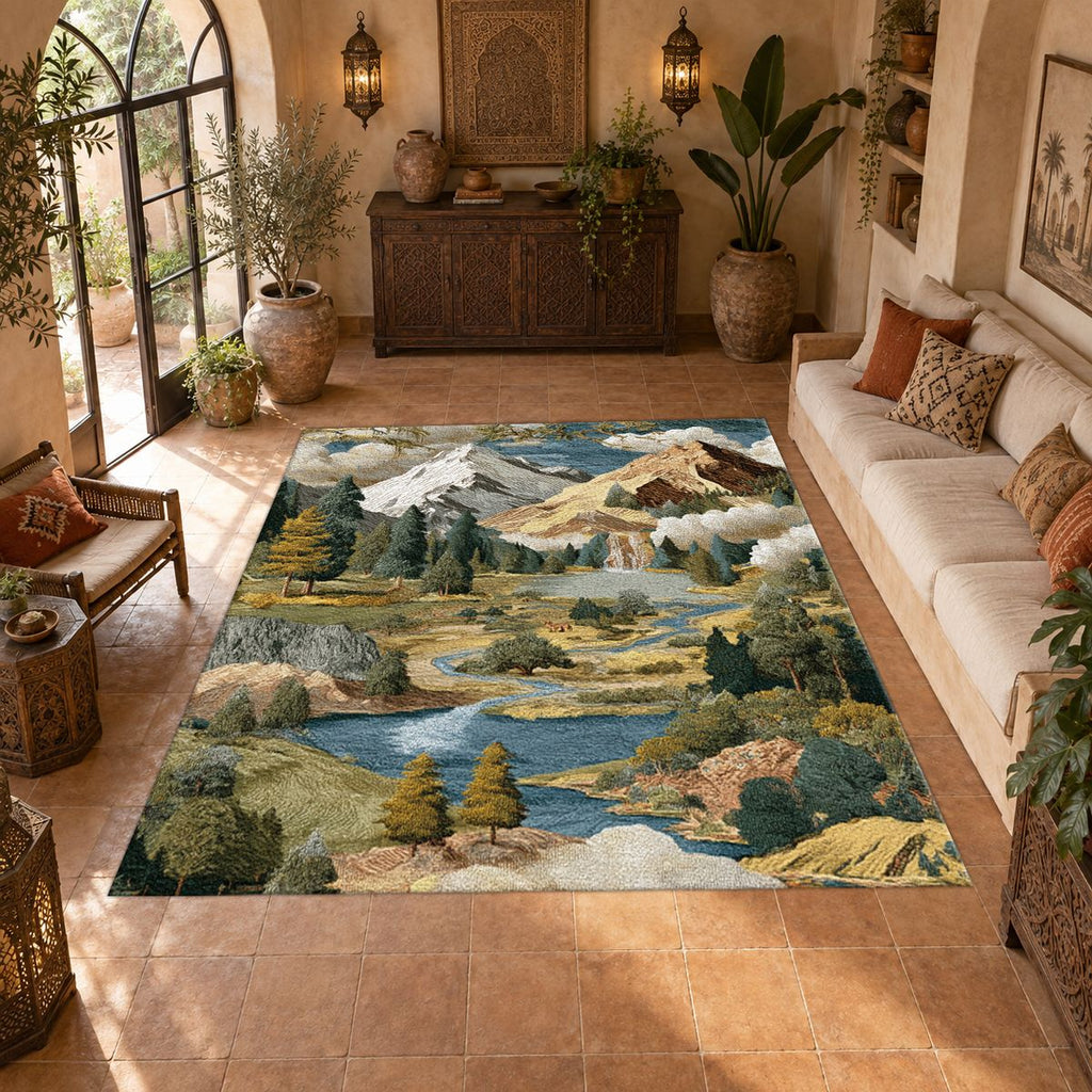 Mountain Lake Landscape Patchwork printed area rug