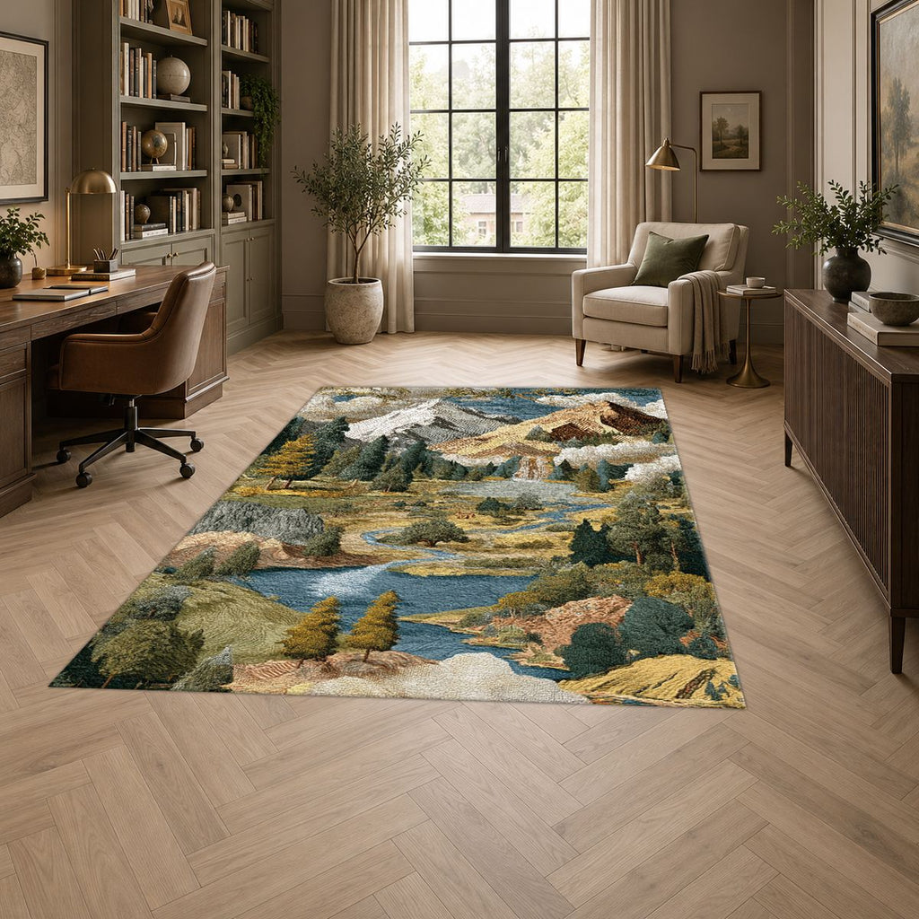 Mountain Lake Landscape Patchwork printed area rug