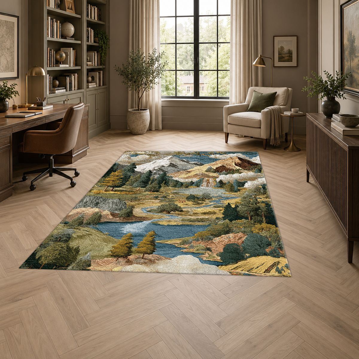 Mountain Lake Landscape Patchwork printed area rug