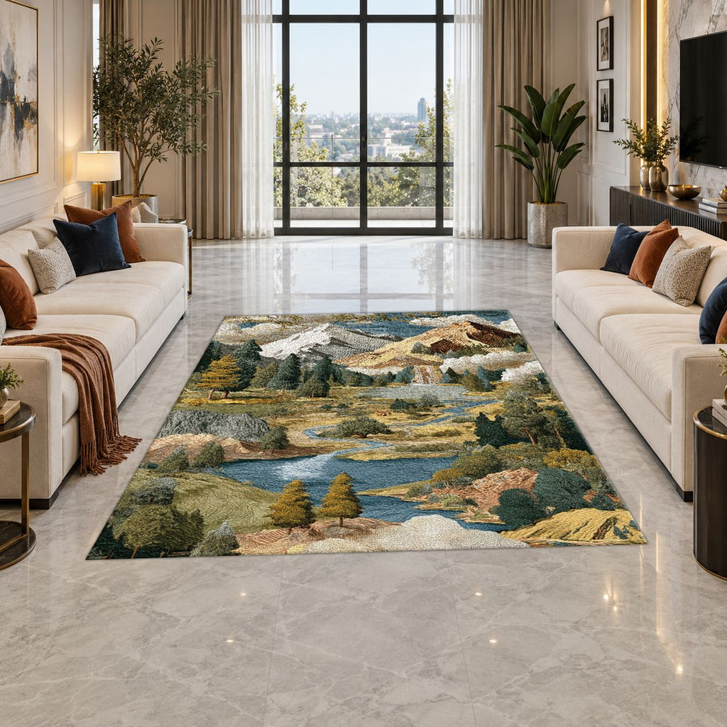 Mountain Lake Landscape Patchwork printed area rug