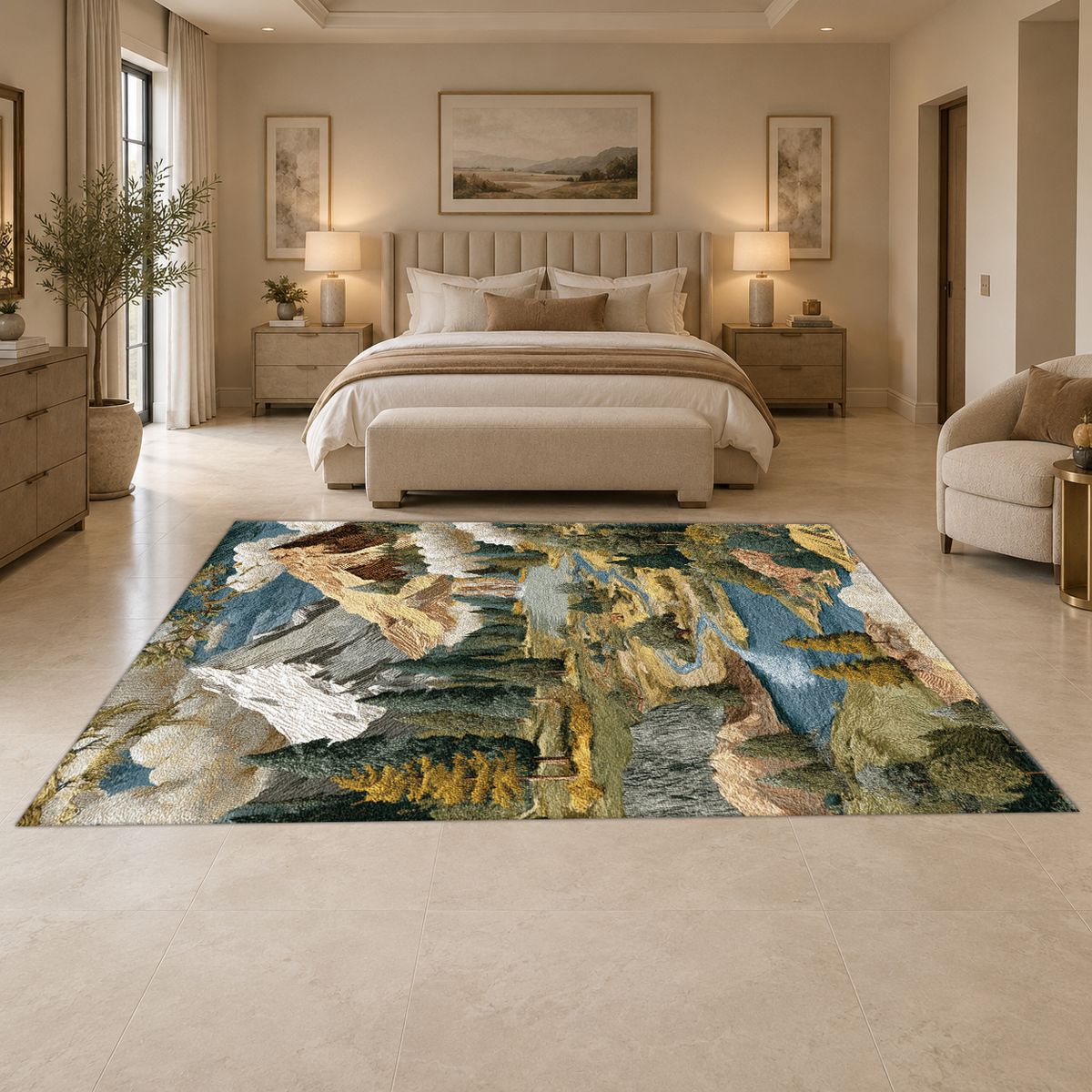 Mountain Lake Landscape Patchwork printed area rug