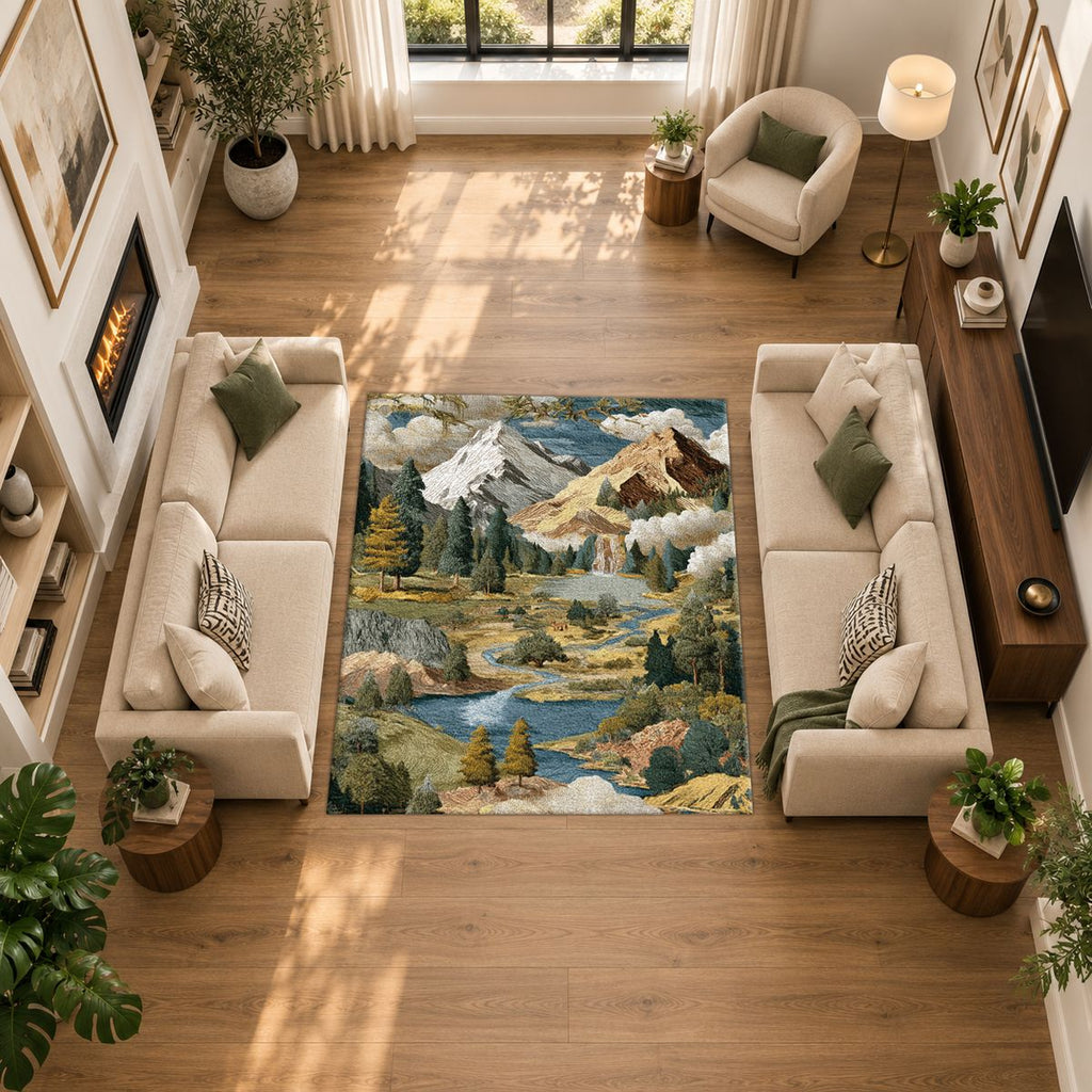 Mountain Lake Landscape Patchwork printed area rug