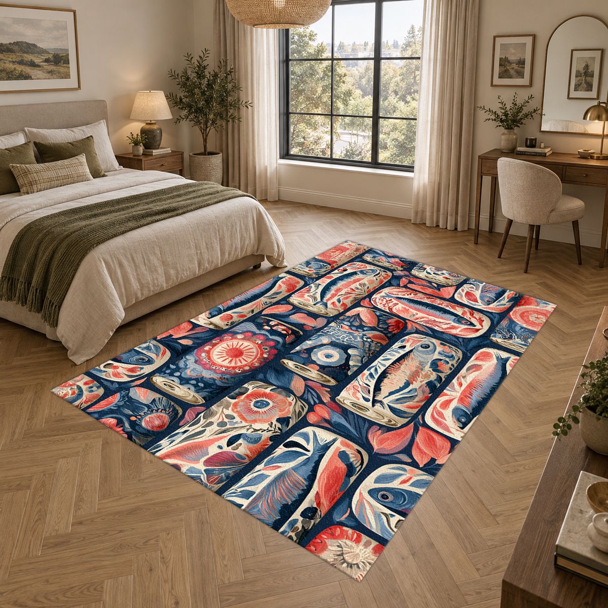 Coral and Navy Sardine Tins printed area rug