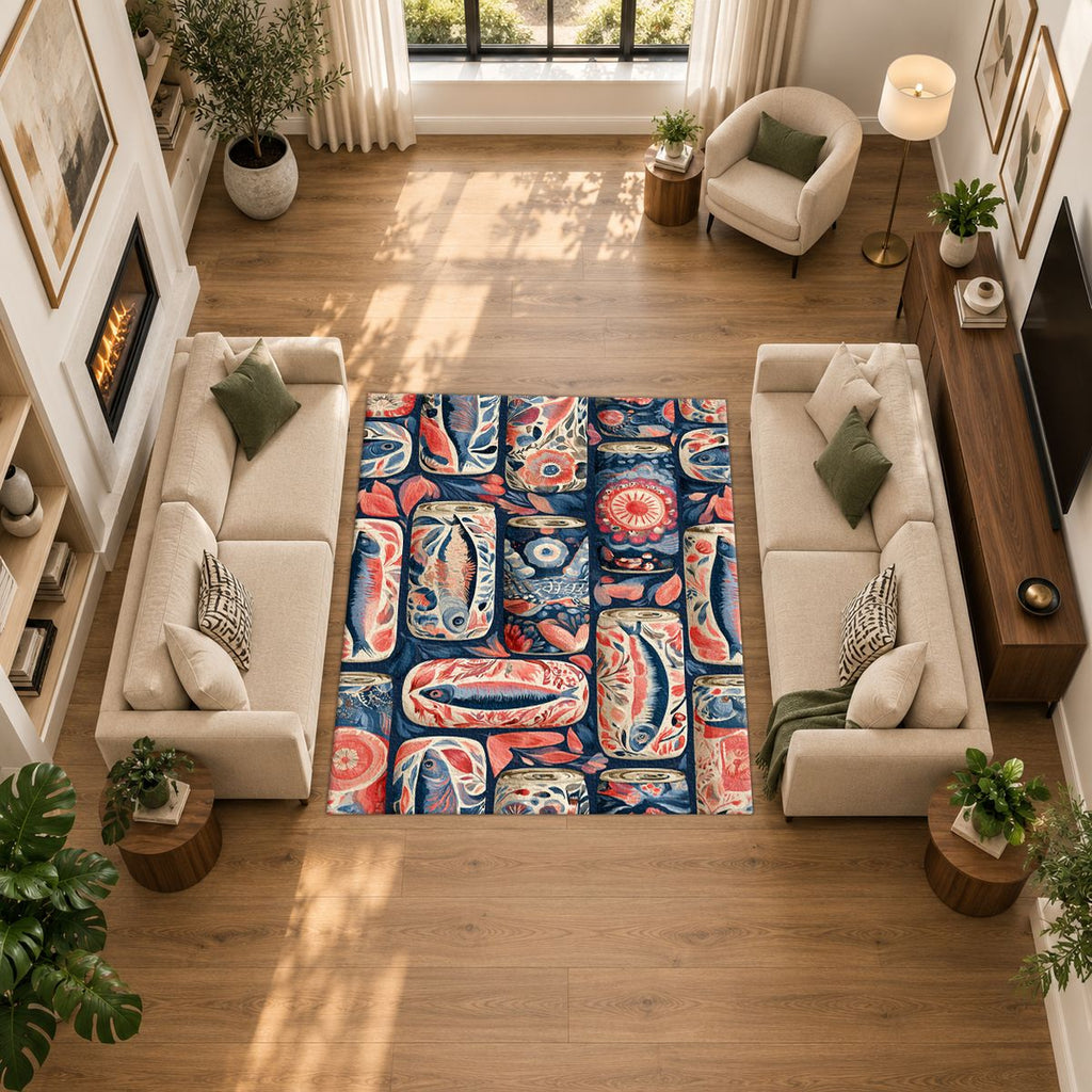 Coral and Navy Sardine Tins printed area rug