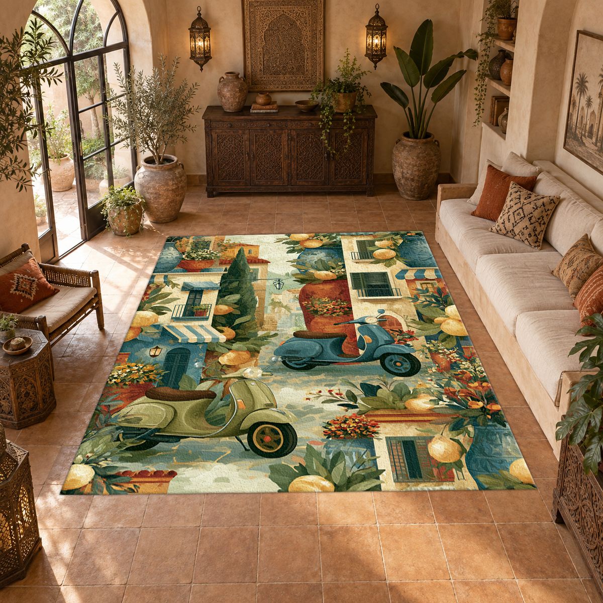 Mediterranean Scooter Street Scene printed area rug