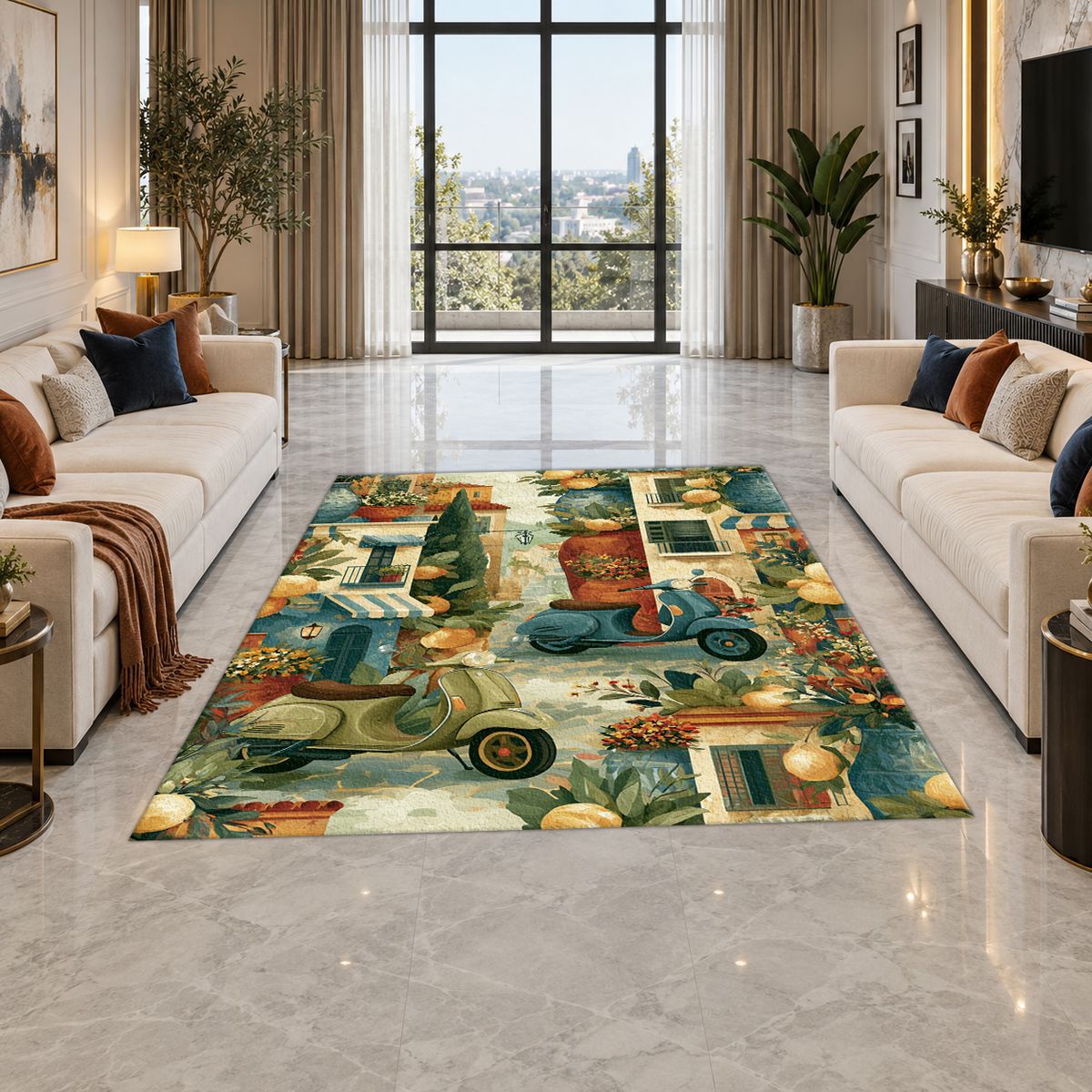 Mediterranean Scooter Street Scene printed area rug