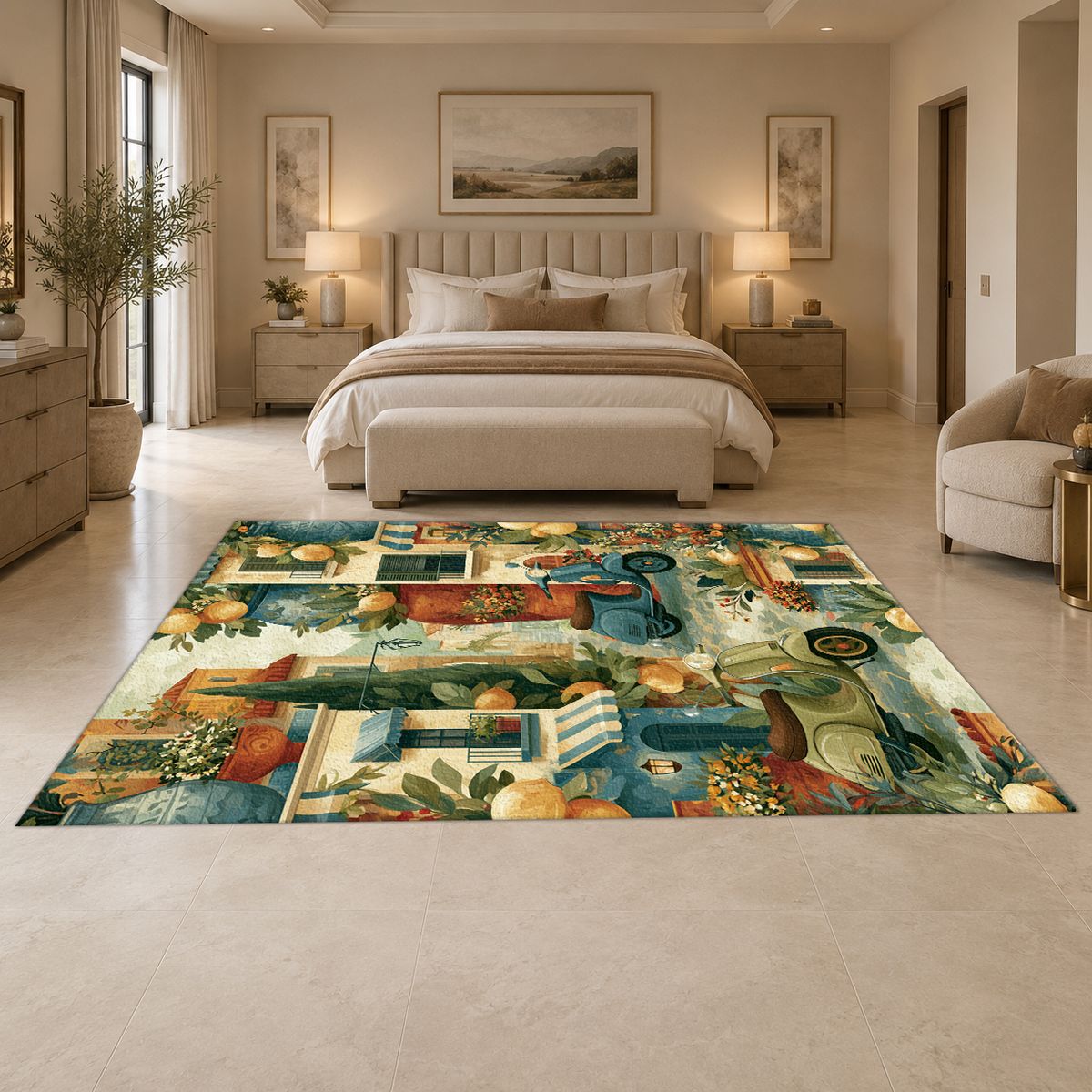 Mediterranean Scooter Street Scene printed area rug