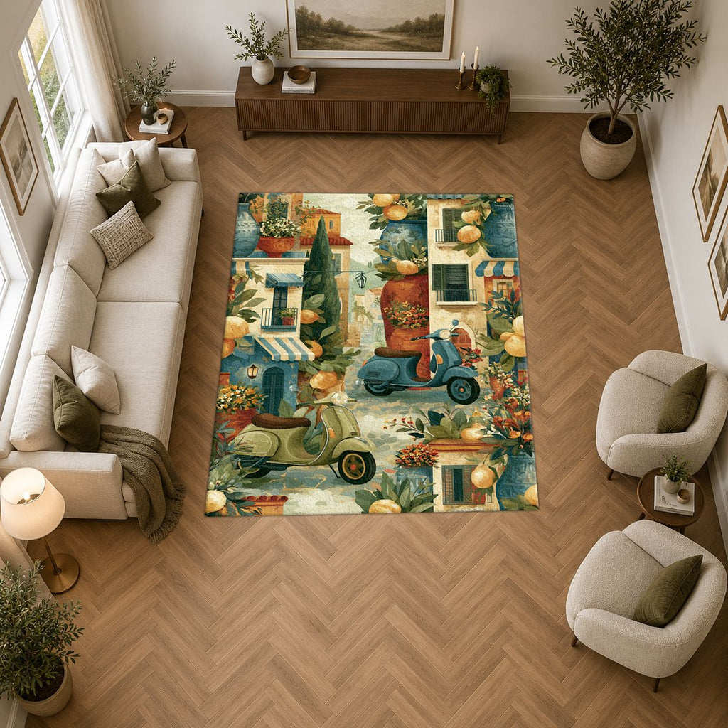Mediterranean Scooter Street Scene printed area rug