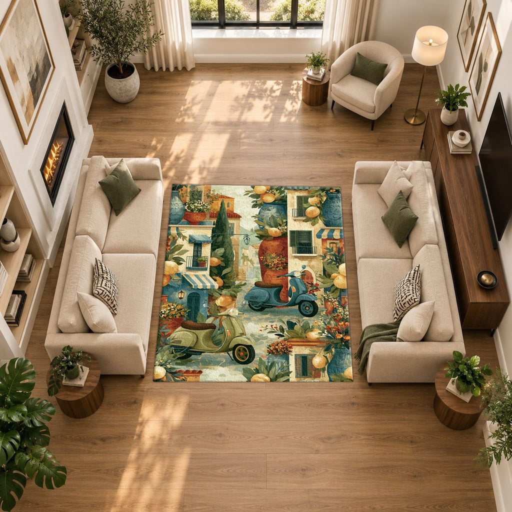 Mediterranean Scooter Street Scene printed area rug