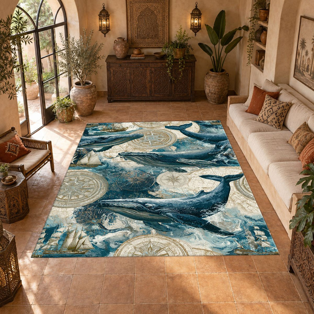 Blue Whales Ocean Pattern printed area rug