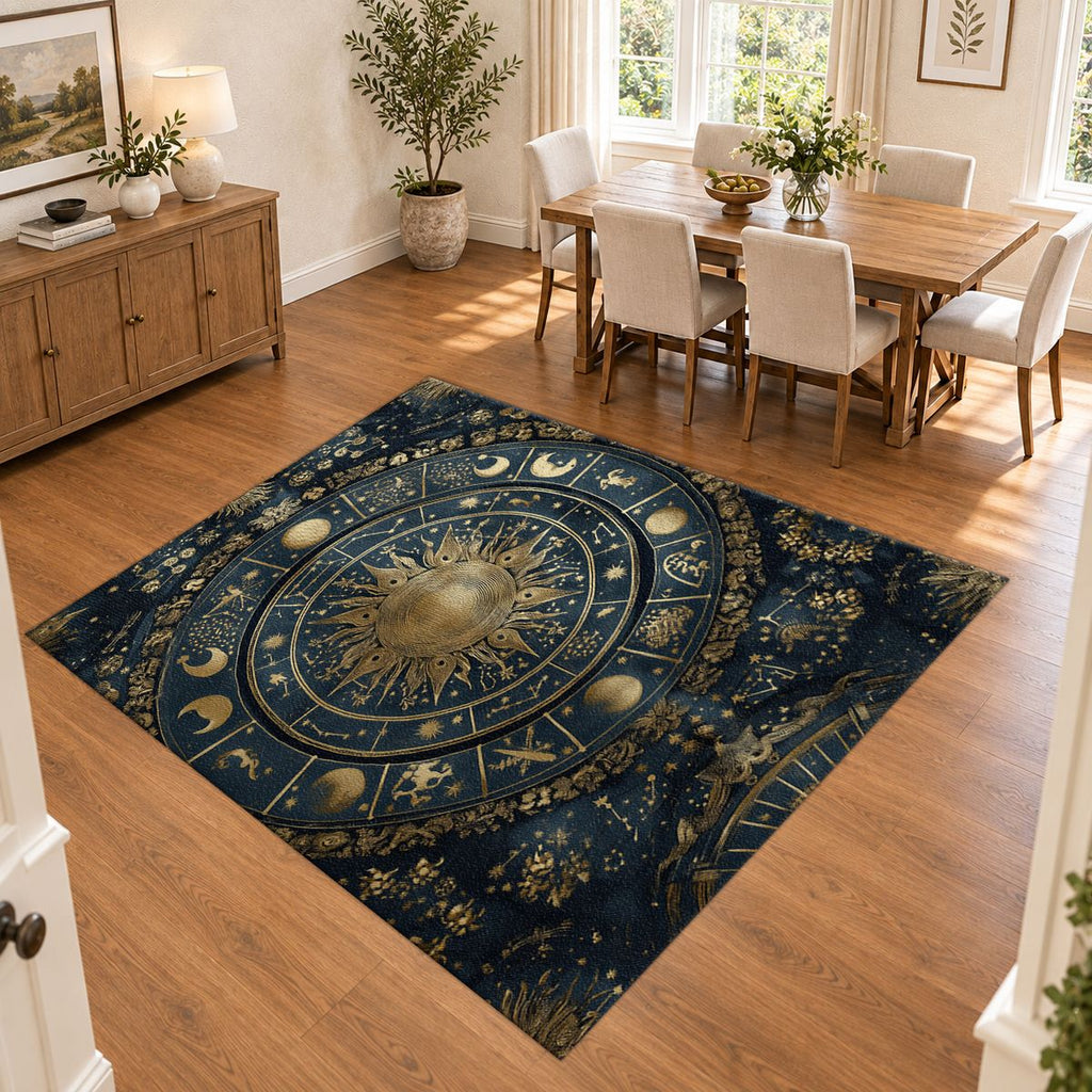 Navy and Gold Zodiac Wheel printed area rug