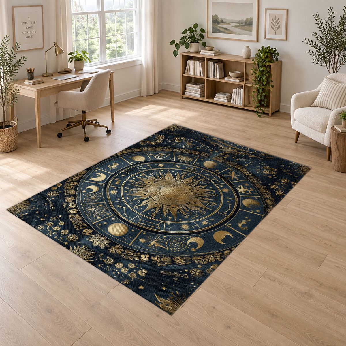 Navy and Gold Zodiac Wheel printed area rug