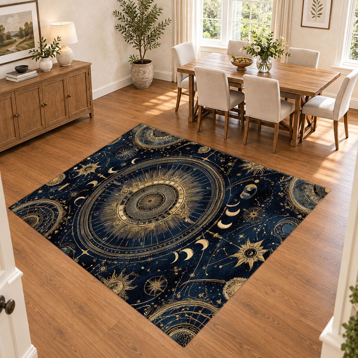 Celestial Sun and Moon Compass printed area rug