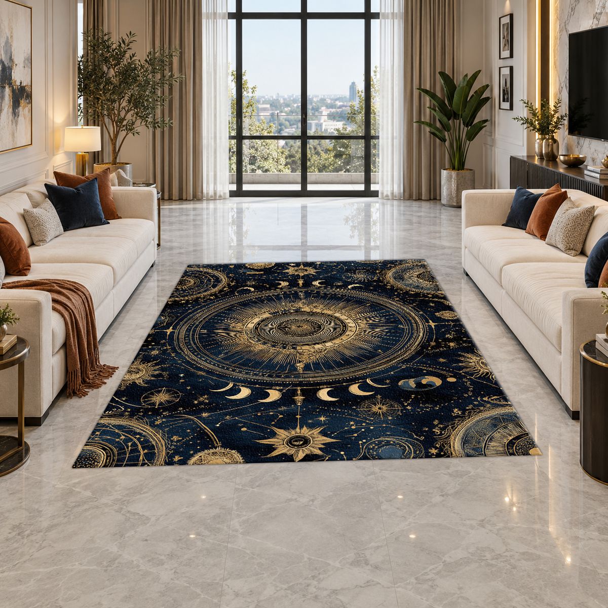 Celestial Sun and Moon Compass printed area rug
