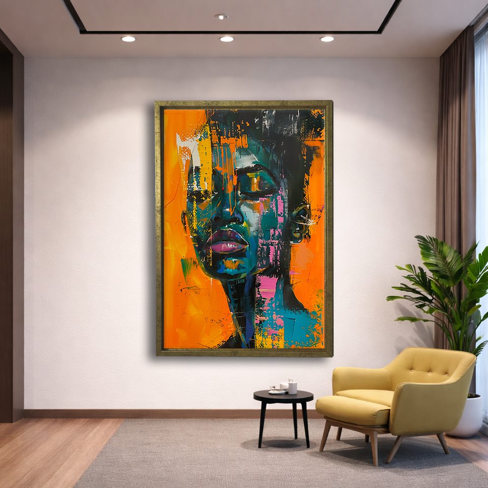 Abstract African Woman Portrait Orange Teal canvas wall art, gold floating frame