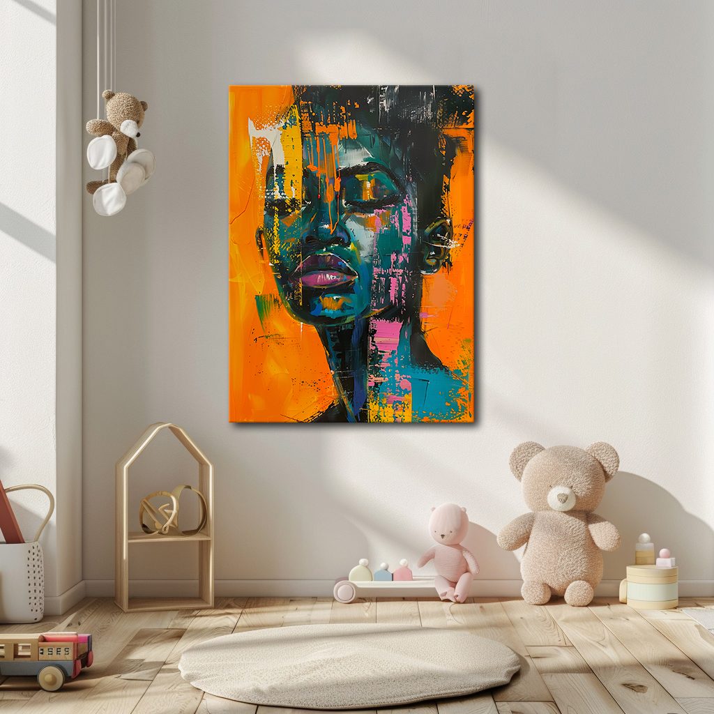 Abstract African Woman Portrait Orange Teal canvas wall art, unframed canvas